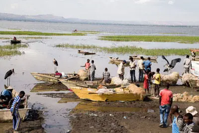  በመይ አፋፍ በ ጀልባይ ሚን ቱሉሙይ የጪጉራሌይዋ ዩሁባሌይ ሰብቸ/በሀይቁ ዳር ጀልባው አጠገብ አሳ የሚሸጡና የሚገዙ ሰዎች/The fish market found along the shores of the lake